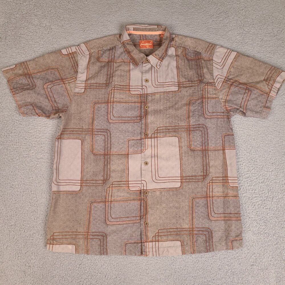 Tommy Bahama Shirt Mens XL Brown Designer Retro 100% Silk‎ Button Down